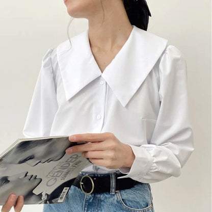 Summer French Office Sailor Collar Casual Long Sleeves Shirt Classic Niche White