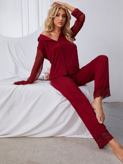 Home Wear Solid Color Mesh Long Sleeve Top Trousers Pajamas Suit Spot