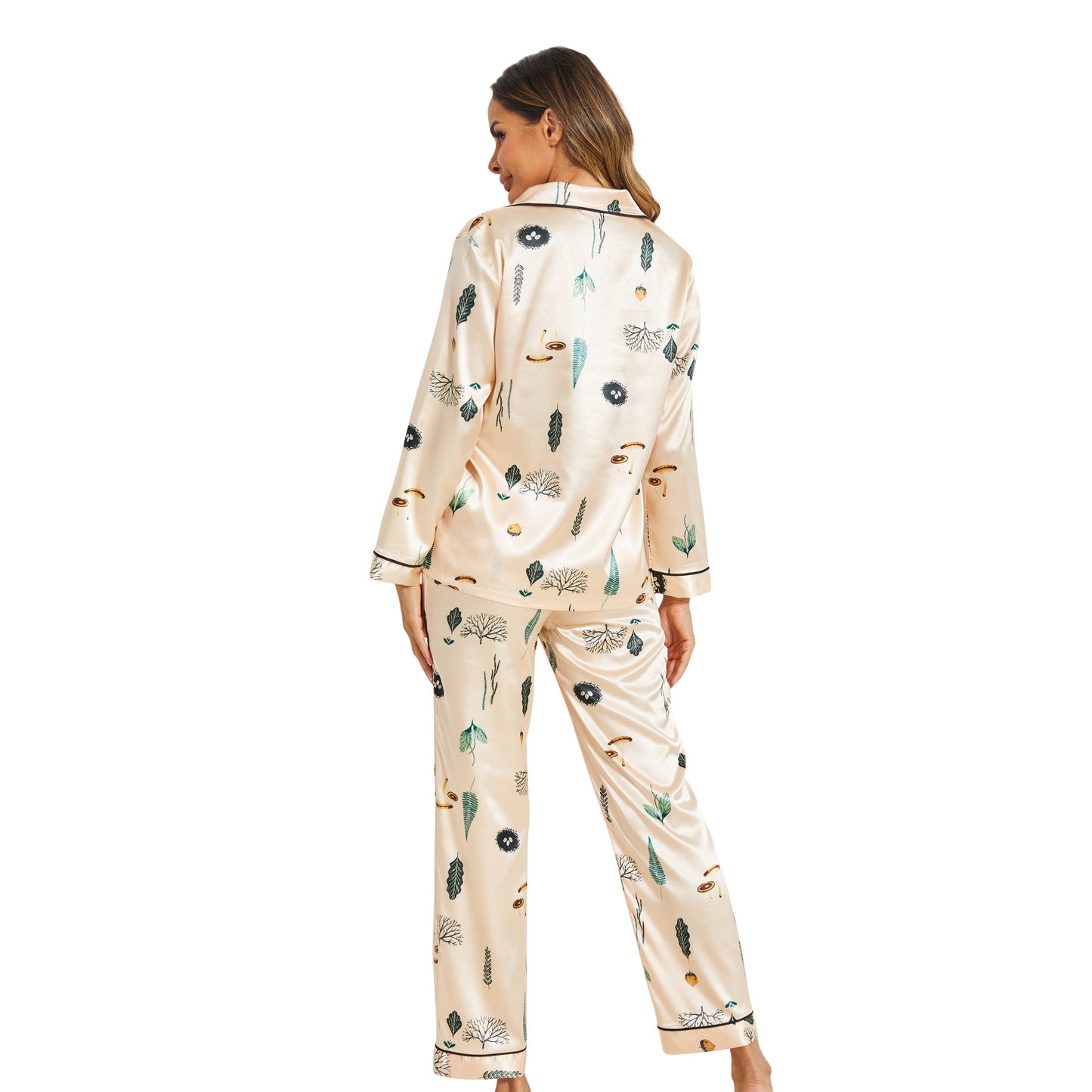 Fall Winter Ladies Home Casual Suit Artificial Silk Satin Printed Pajamas Suit Women