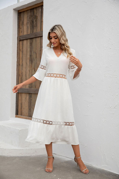 Solid Color V Neck Hollow Out Cutout Lace Stitching Half Sleeves Loose Dress