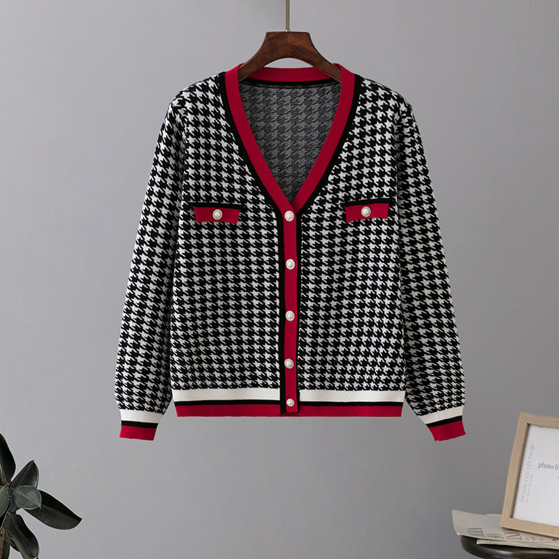 Fall Retro Chanel Knitted Cardigan Houndstooth V neck Korean Coat Women