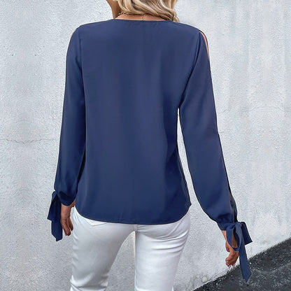 Autumn Long Sleeved Shirt Solid Color Hollow Out Cutout Shirt Women