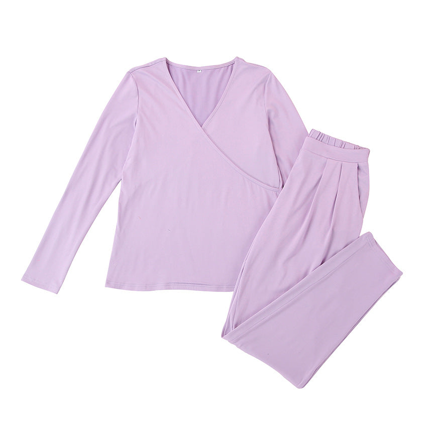 Spring Summer Simplicity Casual French  Homewear Can Be Worn outside Purple Top Trousers Loose Knitted Women Pajamas