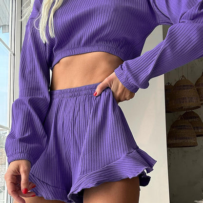 Autumn Solid Color Slim Fit Cropped Breathable Loose Outer Wear Long Sleeve Shorts Pajamas Two Piece Home Wear