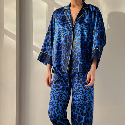 Autumn Blue Leopard Print Loose Comfortable Soft Women Pajamas Cardigan Trousers Two Piece Home Wear