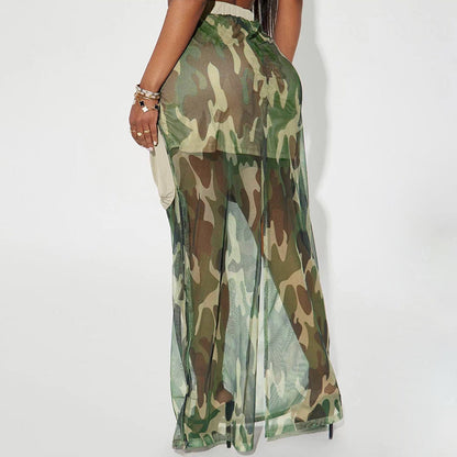 Women Clothing Mesh Camouflage Skirt Street Pocket Stitching Elastic Drawstring Tooling Dress