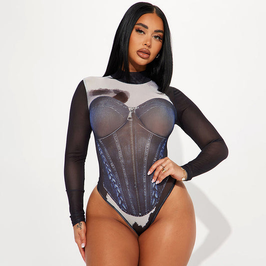 Women Clothing Summer 3D Personalized Printed Tight Jumpsuit
