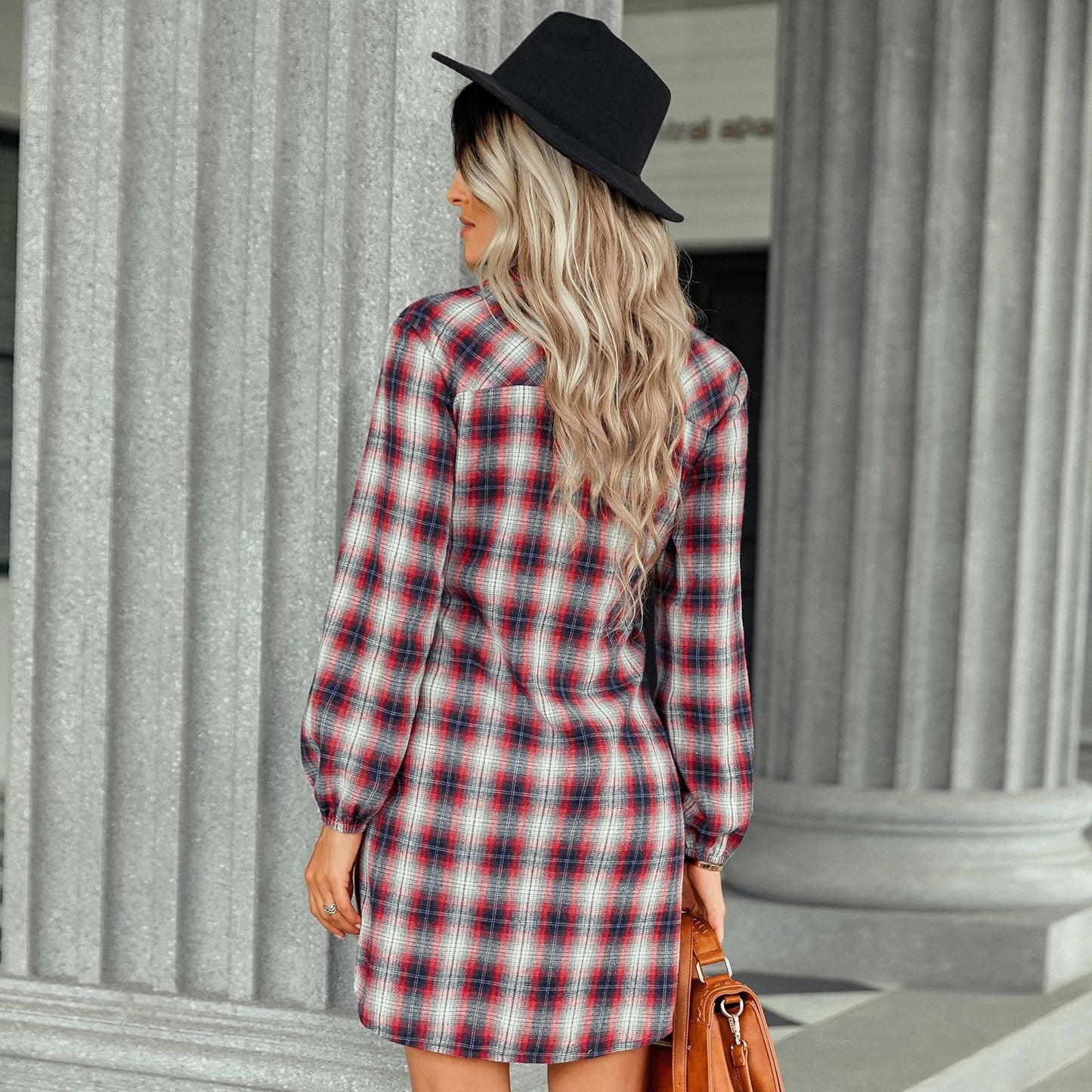 Autumn Winter Lace-up Waist-Controlled Shirt Short  Women Clothing Plaid Dress