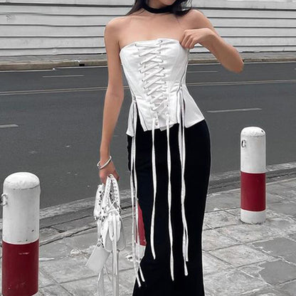 Sexy Zipper Strap Waist White Bra Top Summer Slim Fit Backless Vest