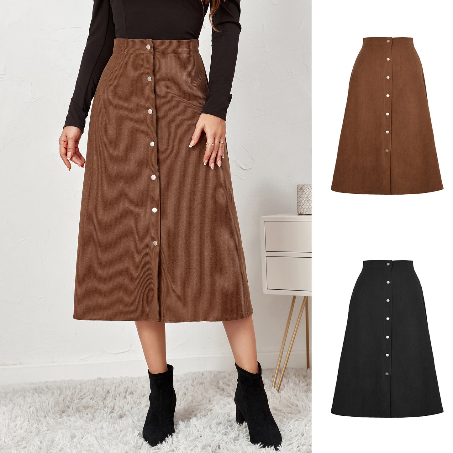 Women Clothing Boutique Corduroy Skirt Single Breasted High Waist Autumn Winter Maxi  Women Skirt