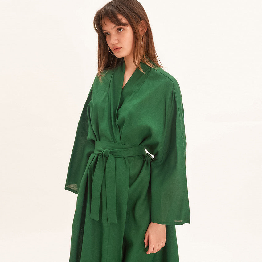 Autumn Cotton Linen Long Sleeve Nightgown Long Green Pajamas Ladies Home Bathrobe Comfortable Loose Bathrobe
