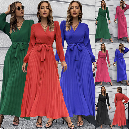 Autumn Winter Women V neck Long Sleeve Pleated A line  Mid Length Dress