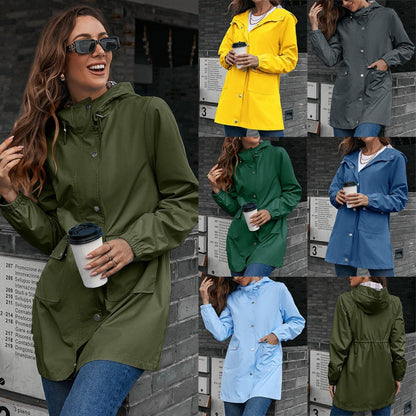 Zipper Raincoat Outdoor Sport Climbing Waterproof Clothing Mid-Length Waterproof Wind Coat Coat Top Women