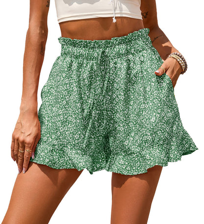 Summer Women Clothing Chiffon Printed Casual Pocket Nipped Waist Shorts