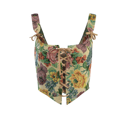 Jacquard Cinched Waist Waistcoat Spring Summer Retro Floral Embroidery Strap Small Sling