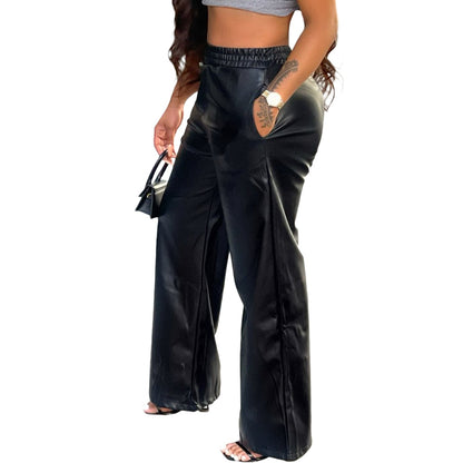 Women Clothing Solid Color Loose Wide Leg Pocket Faux Leather Pants