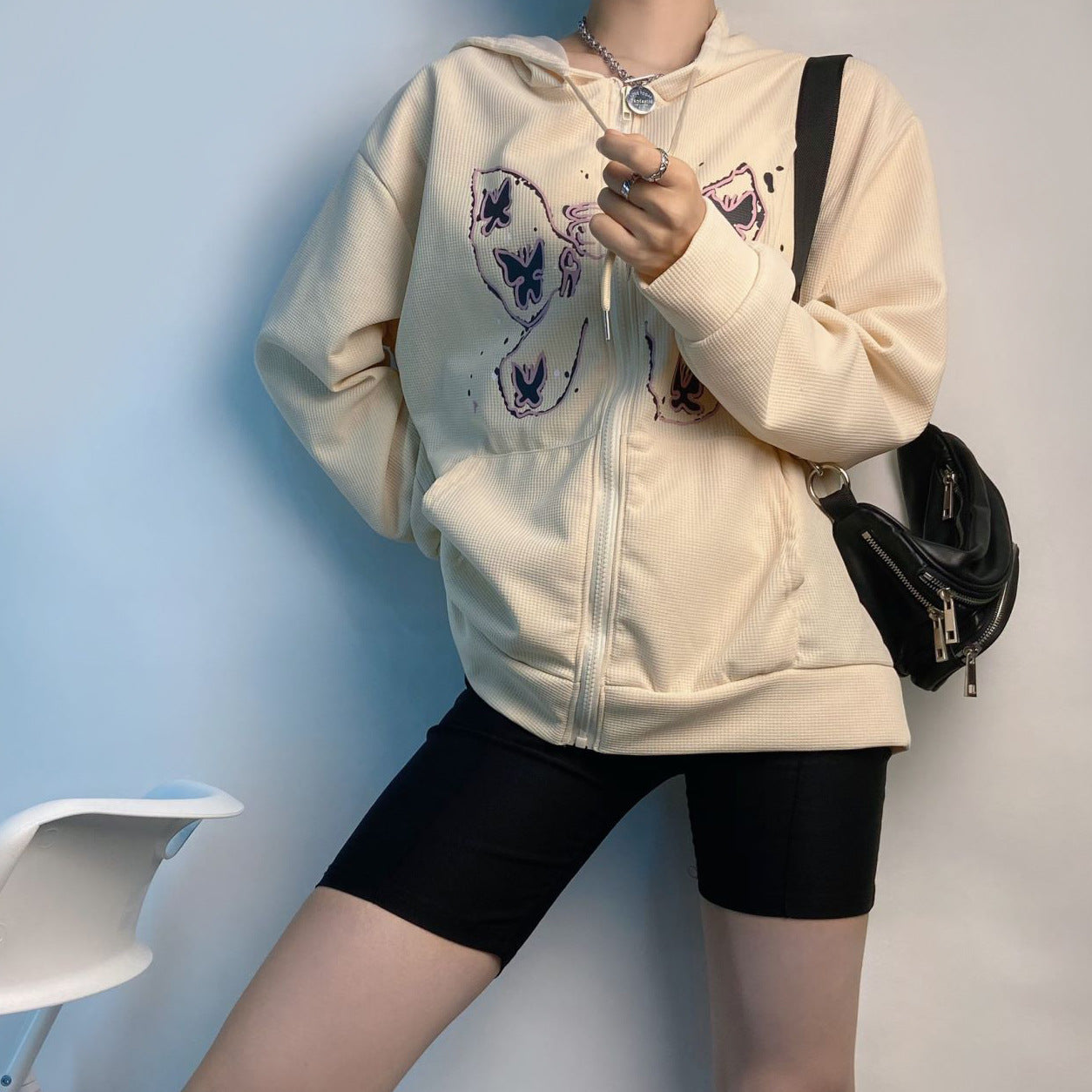 Autumn Winter Casual Butterfly Print Zipper Hooded Cardigan Thin All Matching Sweater for Women