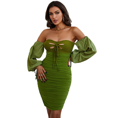 Spring Women Clothing Bandage Dress Green Sexy Hollow Out Cutout Word Collar Puff Sleeve Dress