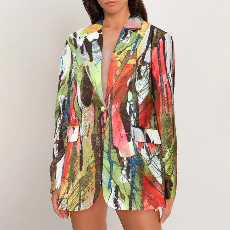 Abstract Printing Dyeing Small Autumn Popular Printing Dyeing Irregular Asymmetric Loose Blazer Women