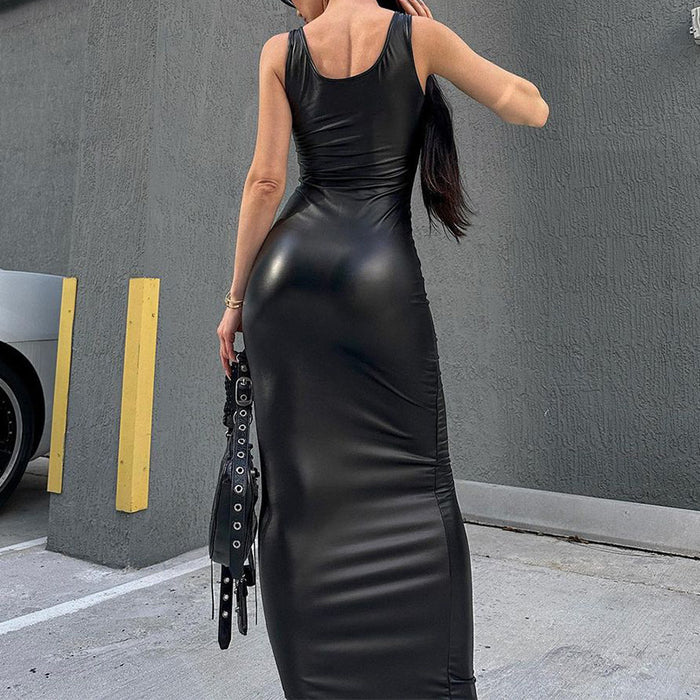 Spring Solid Color Sexy Faux Leather Glossy Skinny Sheath Cami Dress