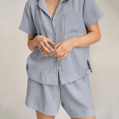 Summer Cotton Linen French Simplicity Sports Shirt Shorts Double Layer Gauze Pajamas Women  Homewear