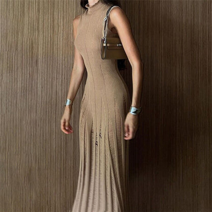 Summer Women Clothing Sexy Sleeveless Knitted High Collar High Waist Slim Fit Maxi Dress