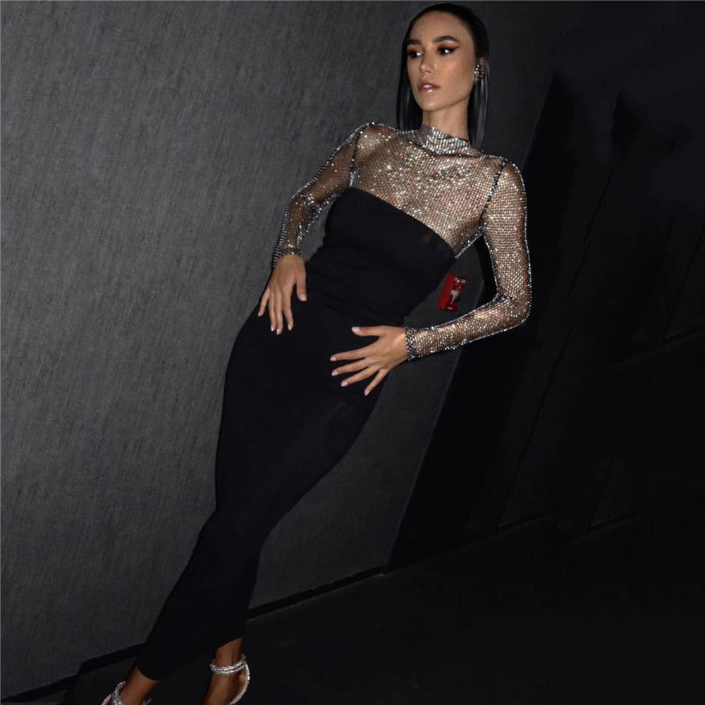 Sexy Net Drill Stitching Bandage One Piece Dress Long Sleeve Tight Stretch Party Cocktail Evening Dress