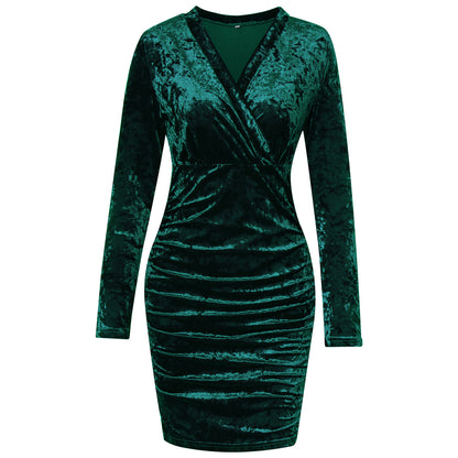 Autumn Winter Velvet Dress Women Clothing V-neck Sexy Slim Hip Dress