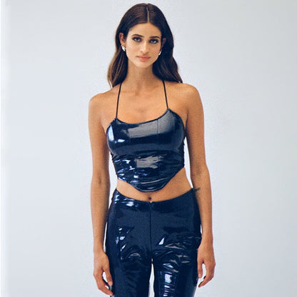 Sexy Solid Color Cropped Backless Faux Leather Camisole Women Clothing