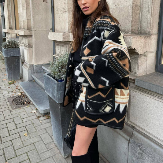 Fashionable Printed Woolen Short Coat Autumn Winter