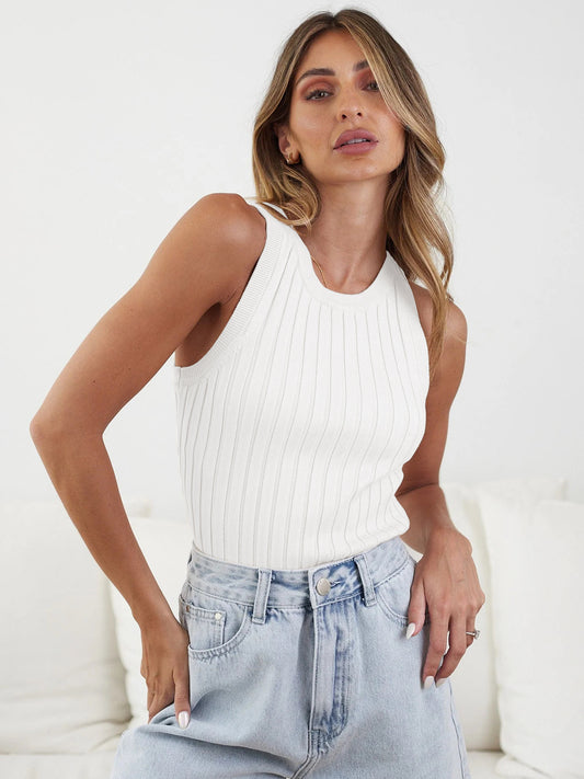 Summer Women Clothing Tops Office round Neck Pullover Sunken Stripe T shirt Wild Slimming Vest