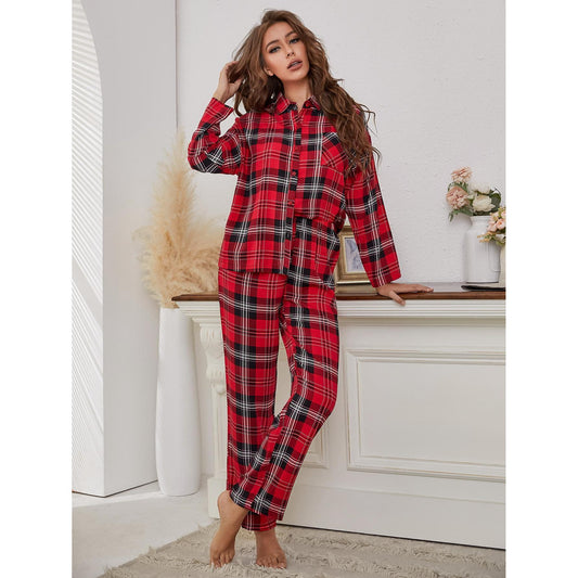 Pajamas Women Red Plaid Long Sleeve Autumn Winter Homewear Two Piece Set