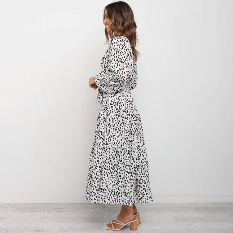 Print Long Sleeve Loose Pleated Dress Women Clothing