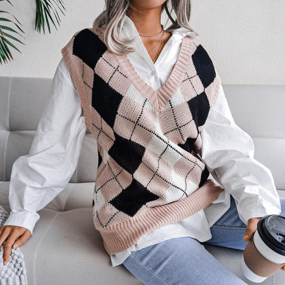 Autumn Winter College Rhombus V-neck Casual Loose Knit Vest Sweater Women Clothing