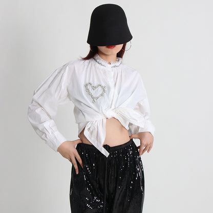 Korean Design Solid Color Top Autumn Diamond Embedded Love Lace Decoration Stringy Selvedge Shirt
