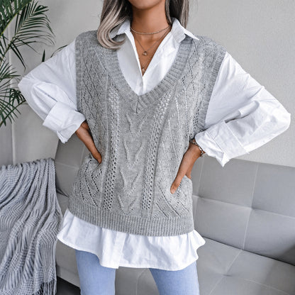 Autumn Winter Cutout Twist V neck Knitted Vest Sweater Women Clothing