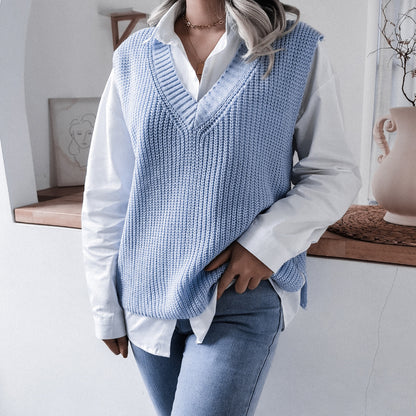 Autumn Winter  V-neck Casual Loose Knitted Sweater Vest Jacket Women Clothing