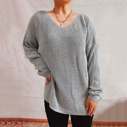 Spring Summer Casual Loose Fitting V neck Long Sleeves Simple Lightweight Sweater Pullover