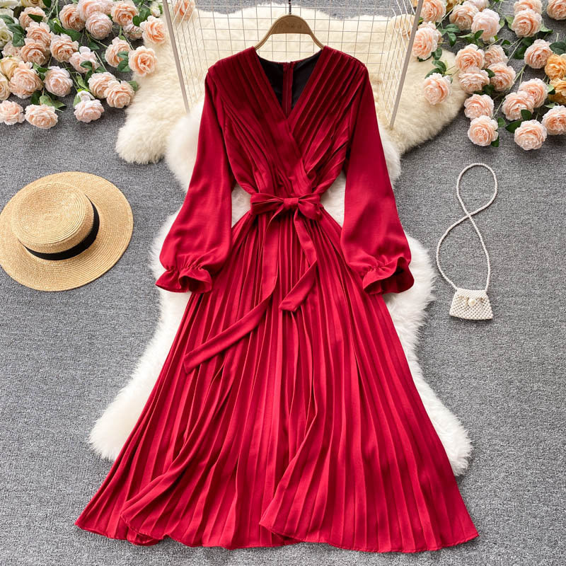 Wear Long Sleeves V-neck Bow Lace-up Cinched Waist over-the-Knee Maxi Dress Women French Retro Big Swing Dress Pleated