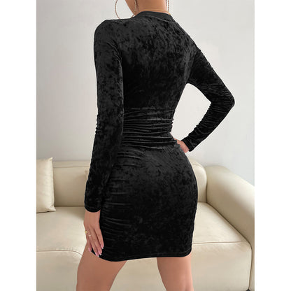 Autumn Winter Velvet Dress Women Clothing V-neck Sexy Slim Hip Dress