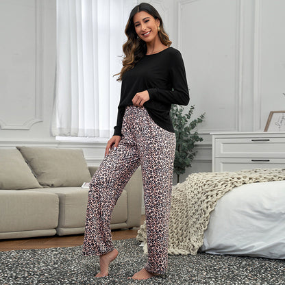 Long Sleeved Top Leopard Print Pants Home Wear Suit Women Casual Pajamas