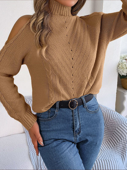 Autumn Winter Casual off Shoulder Turtleneck Hollow Out Cutout Long Sleeve Knitted Pullover Sweater Women Clothing