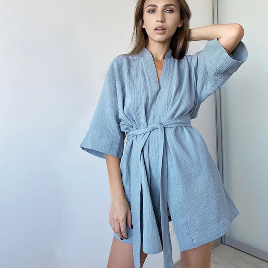 Spring Pure Cotton Casual Home Nightgown Short Cardigan Double Layer Gauze Simple Women  Pajamas