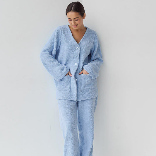 Blue Woolen Comfortable Warm Long Sleeves Pajamas Two Piece Set Exclusive for Ladies Homewear