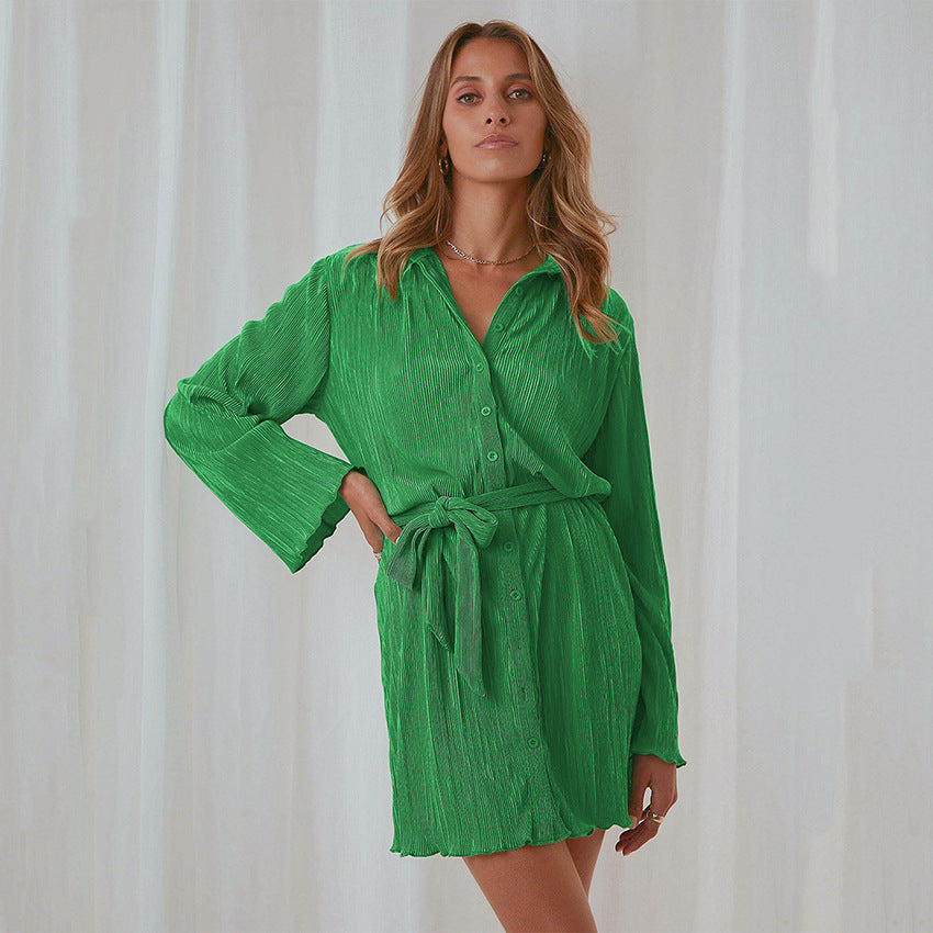 Spring Summer Green Toothpick Pleated Design Shirt Dress Women Clothing Dress