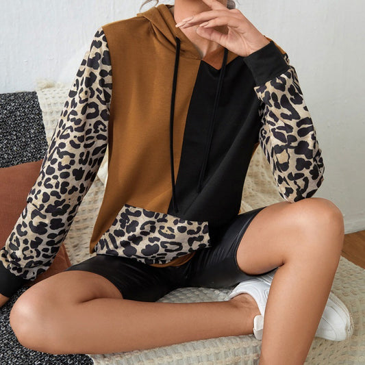 Casual Leopard Print Color Matching Long Sleeve round Neck Hooded  T-shirt Loose Stitch Contrast Color Hoodie Top Women