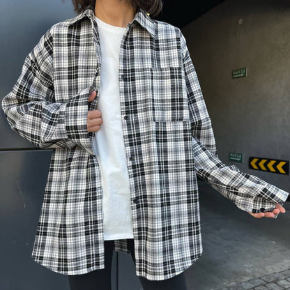 Autumn Winter Casual Neutral Boyfriend Plaid Shirt Women Pocket Lapels Long Sleeve Jacket Thin