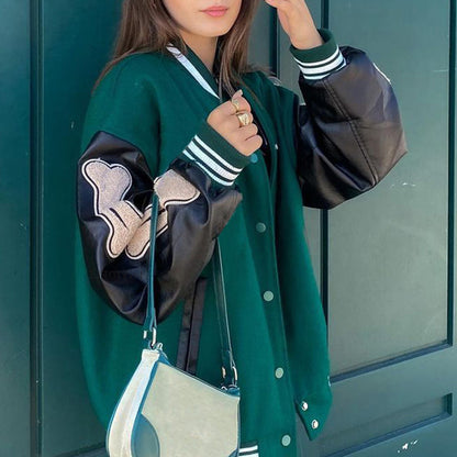 Women  Clothing Varsity Jacket Leather Sleeve Stitching Bone Embroidery Autumn Winter Padded Jacket Women