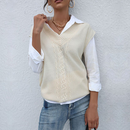 Autumn Winter Casual Top Solid Color Cable Knit Sweater Vest Women