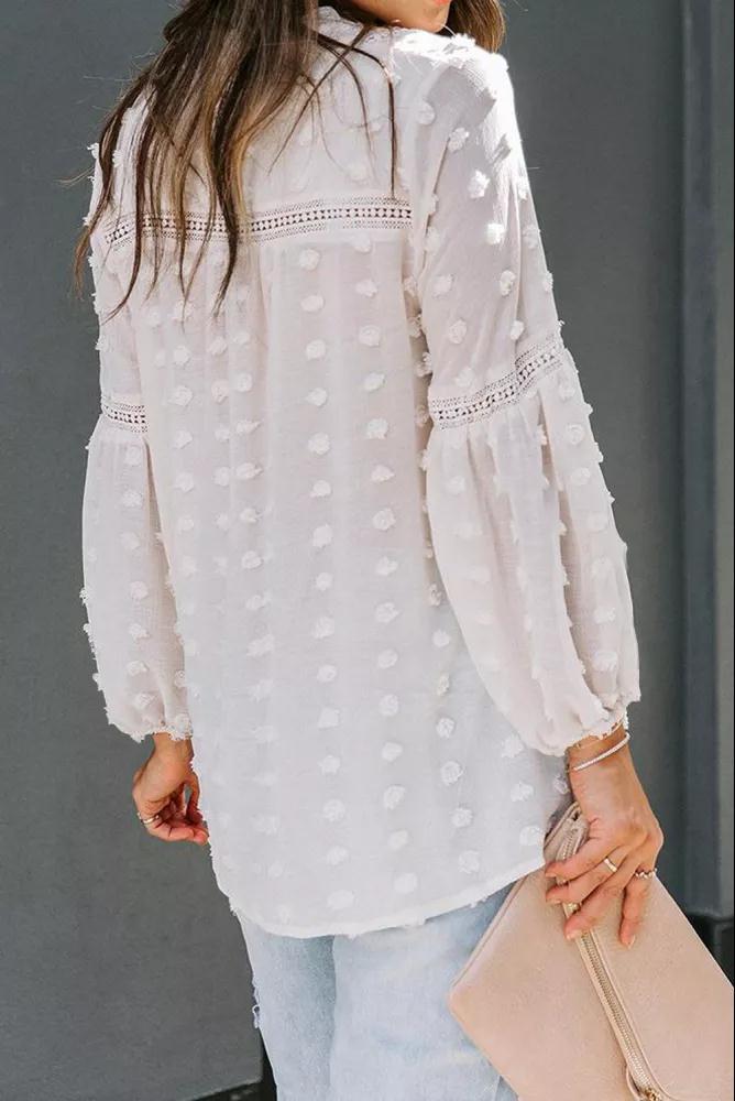 Spring Summer Loose V neck Lantern Sleeve Long Sleeve Pullover Shirt Chiffon Jacquard Solid Color